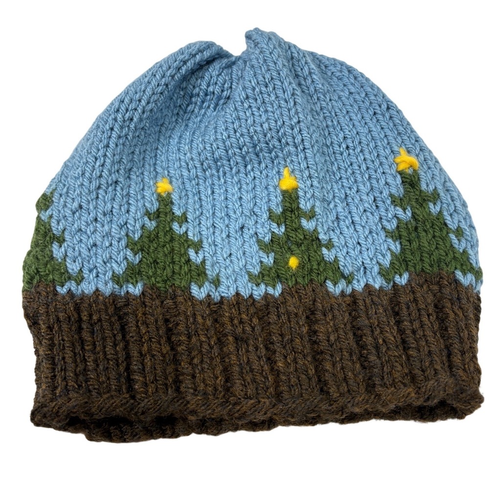 Vintage Handmade Knit Beanie Winter Tree Star Landscape Blue Brown Hat‎ Womens